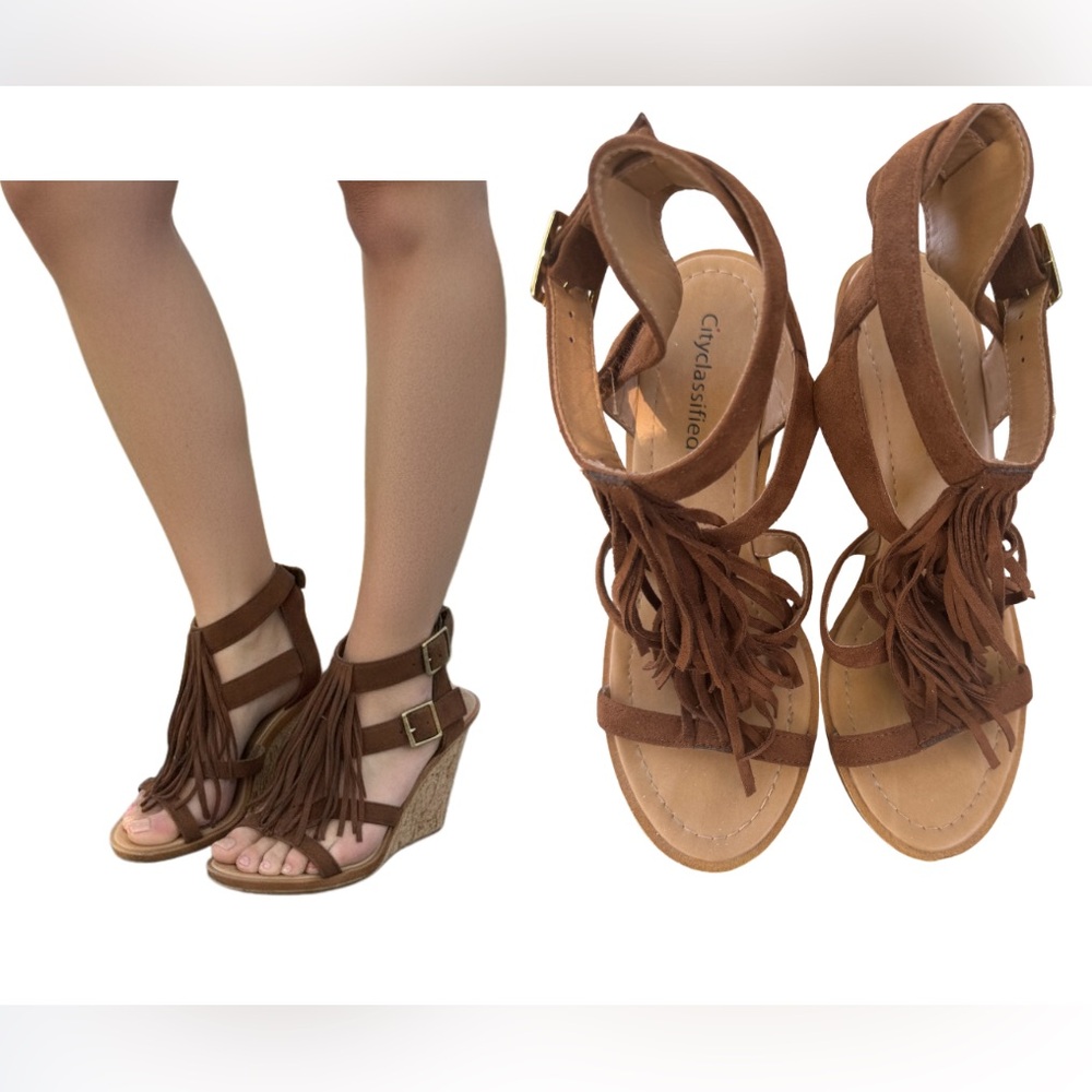 Cityclassified Brown Suede Fringe Wedge Sandals – Size 8.5 - Picture 3 of 16